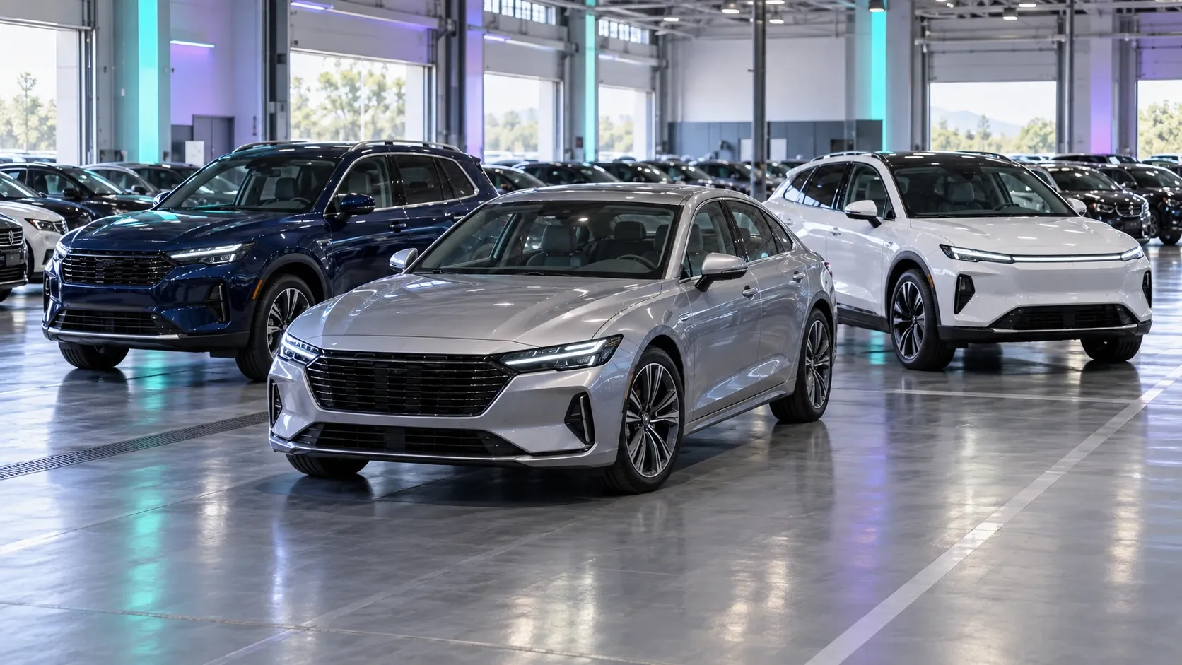 Cars and SUVs prepared for sale in a vehicle auction facility
