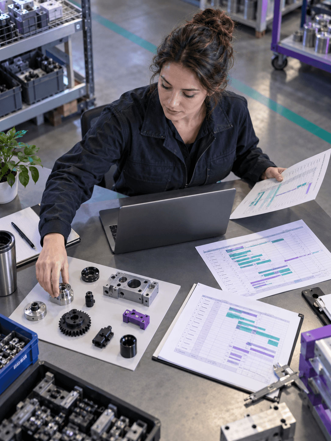 Overhead view of a factory sourcing planner arranging component samples and delivery schedule sheets around a laptop