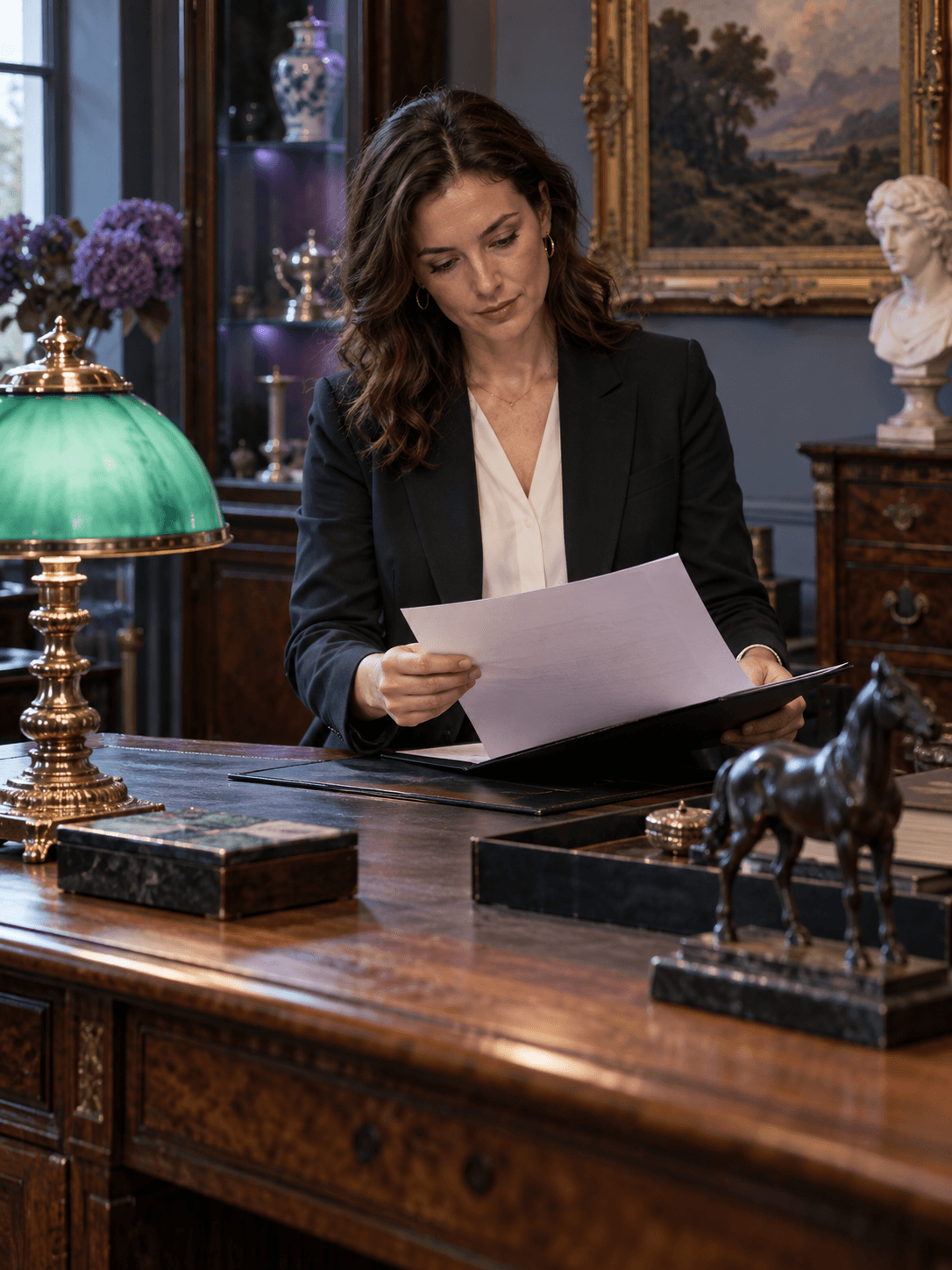 A consignment specialist checks a signed agreement beside an antique desk lamp in a valuation office
