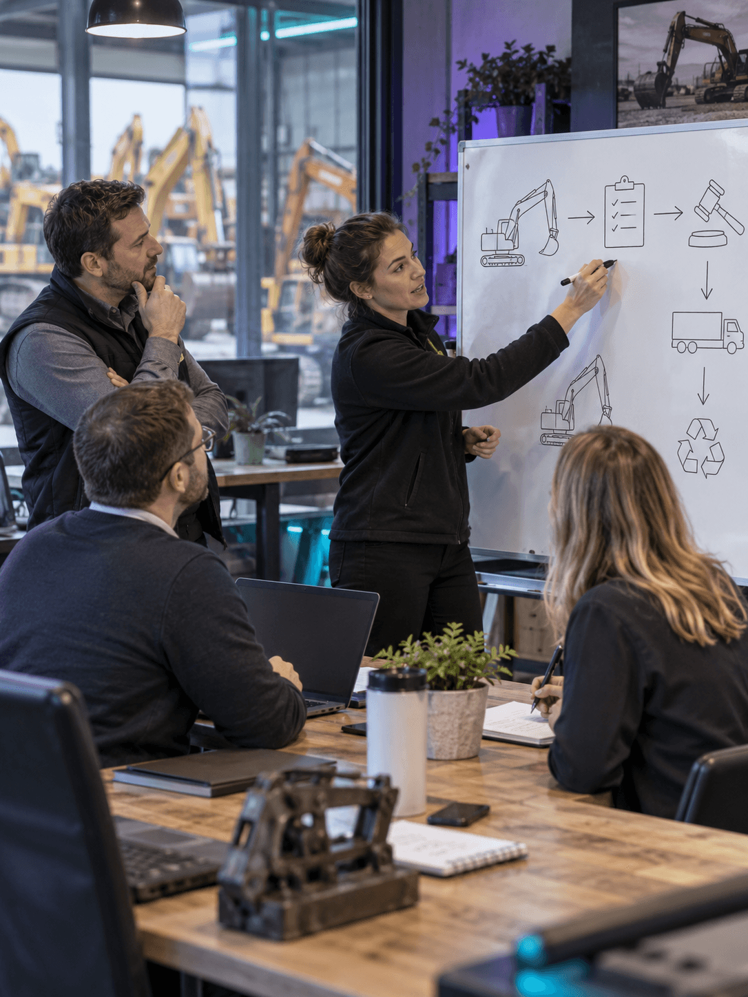 Equipment sales and IT colleagues mapping machinery disposal stages on a whiteboard in a workshop meeting room